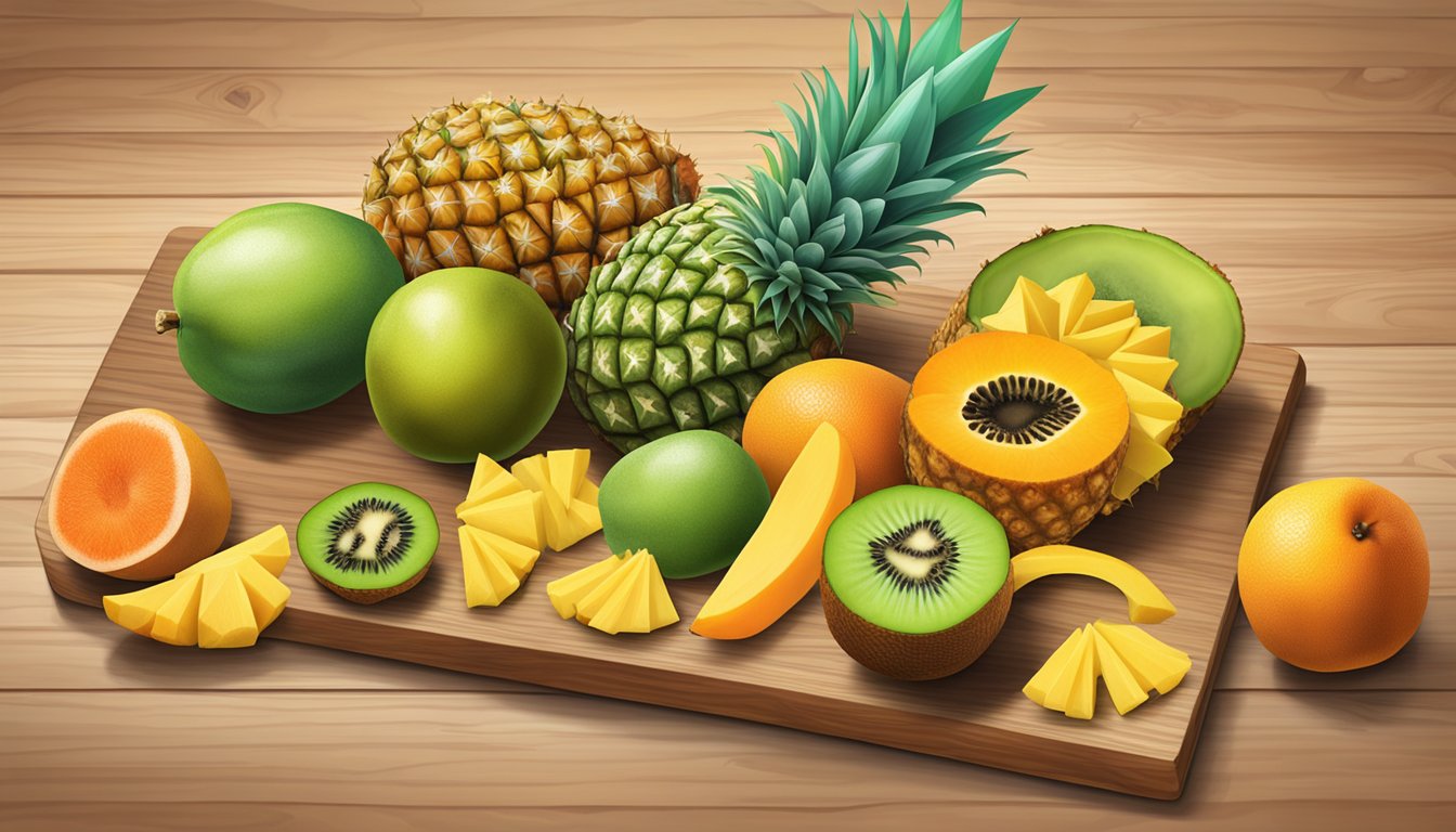 A vibrant assortment of tropical fruits, including pineapples, papayas, and kiwis, displayed on a wooden cutting board