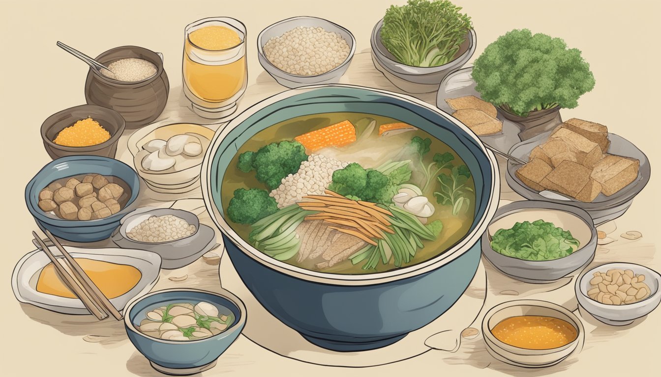 A steaming bowl of miso soup surrounded by high tyramine foods, with a warning sign for migraine and MAOI interactions