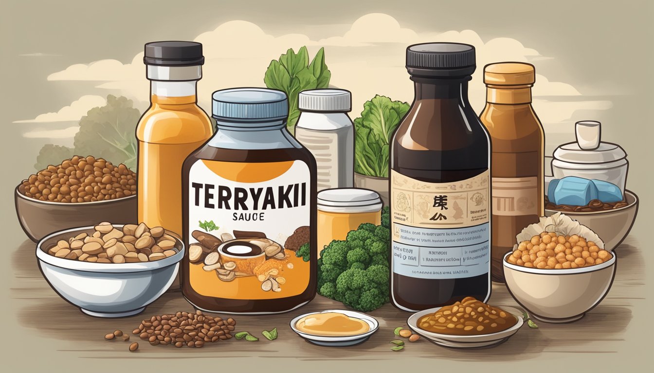 A bottle of teriyaki sauce surrounded by 8 different high tyramine foods, with a warning sign indicating their potential interactions with MAOI medications