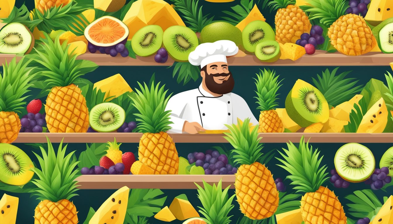 A vibrant tropical fruit market with an array of pineapples, papayas, and kiwis. A chef sprinkles a pineapple with bromelain-rich fruit salad