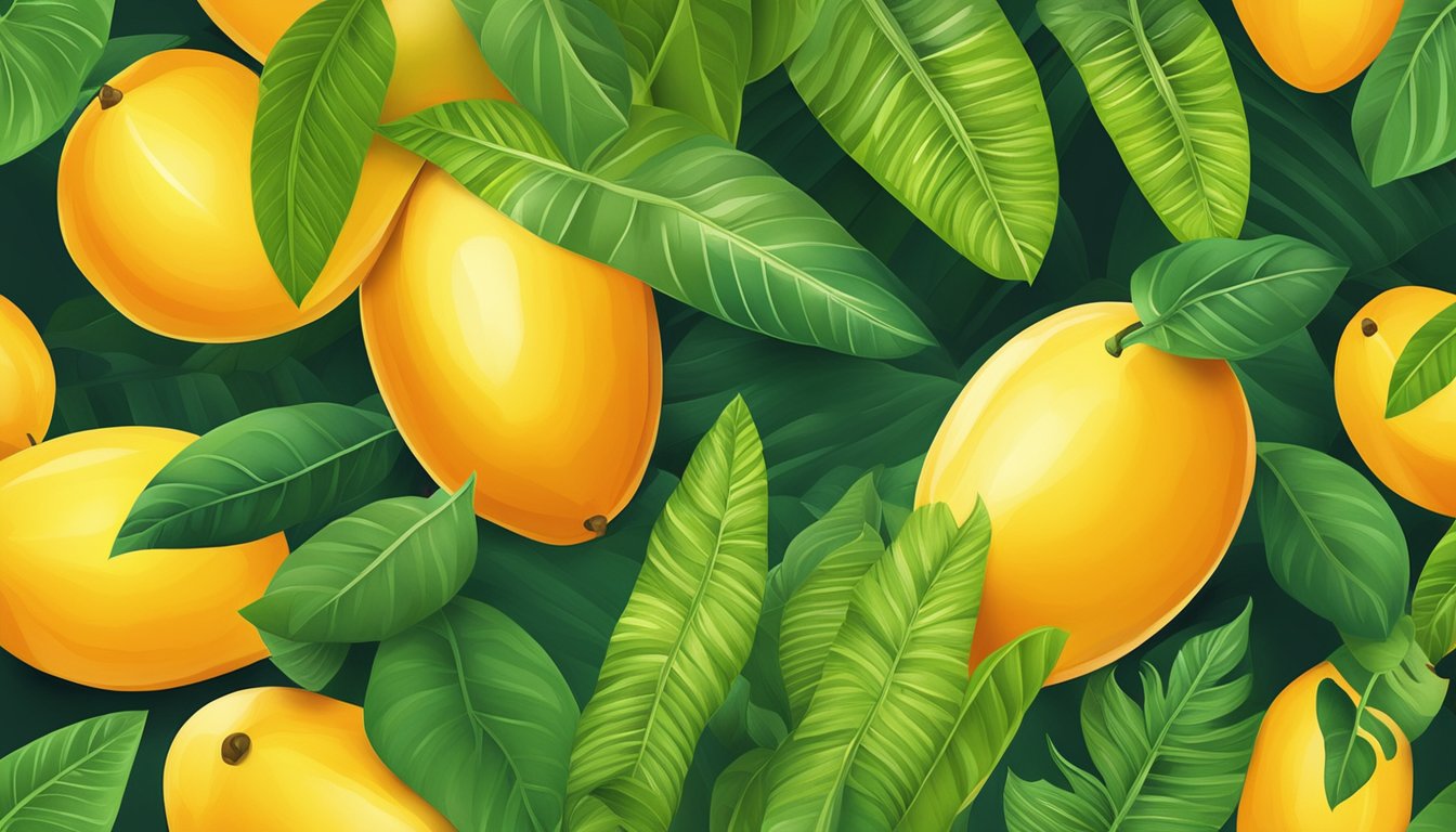 Ripe mangoes surrounded by tropical leaves and a glowing sun