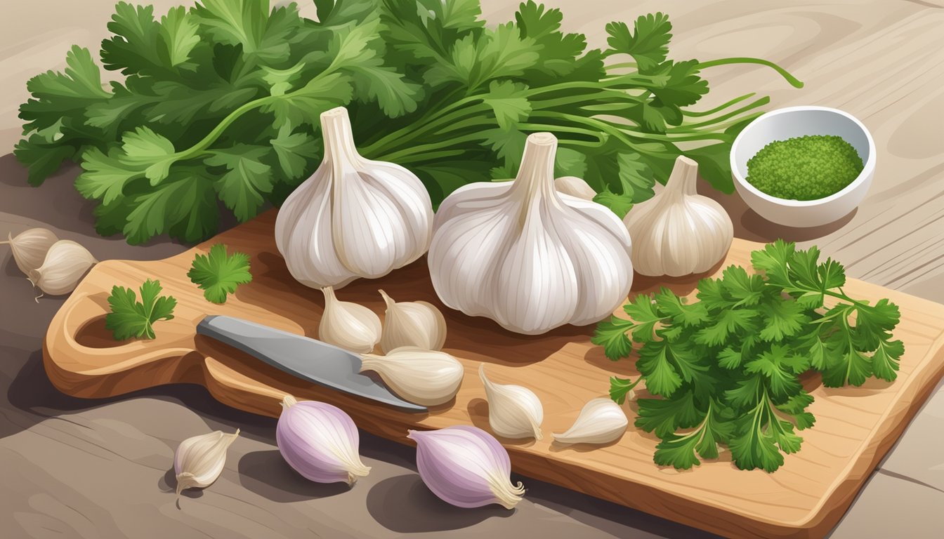 Garlic bulbs arranged on a wooden cutting board surrounded by fresh parsley and thyme, with a mortar and pestle in the background