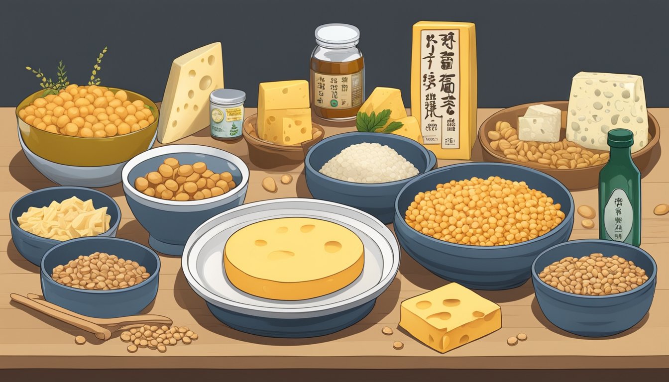 A table with natto, aged cheese, and other high tyramine foods, along with MAOI medication, surrounded by caution signs