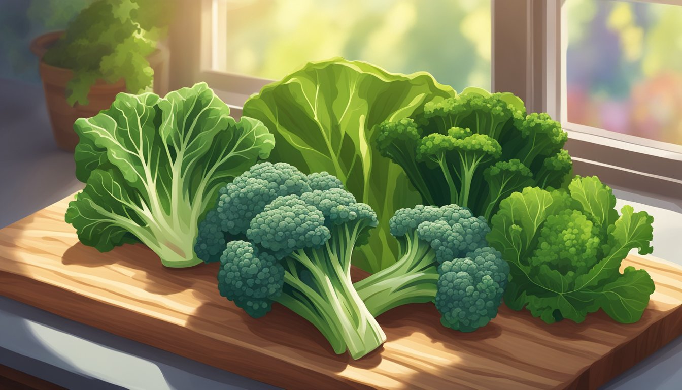 A colorful array of kale, spinach, and broccoli arranged on a wooden cutting board. Sunlight streams through a nearby window, casting a warm glow on the vibrant vegetables