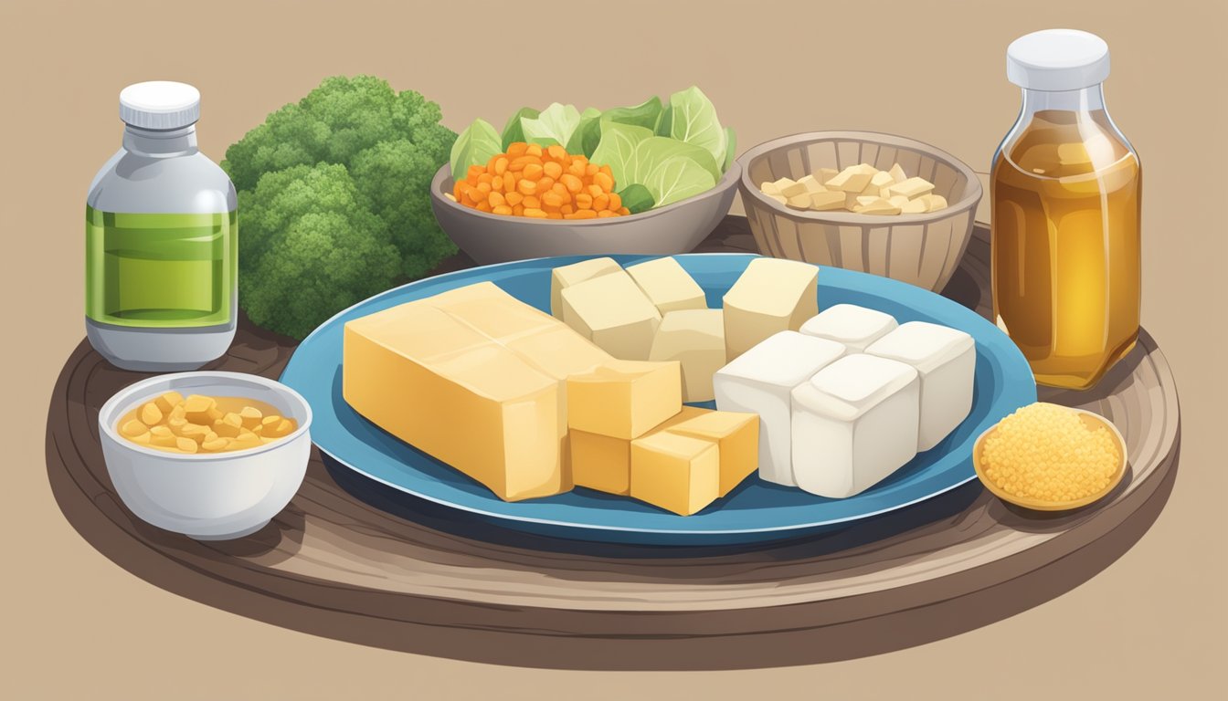 A table with a variety of high tyramine foods, including tofu, and a bottle of MAOI medication