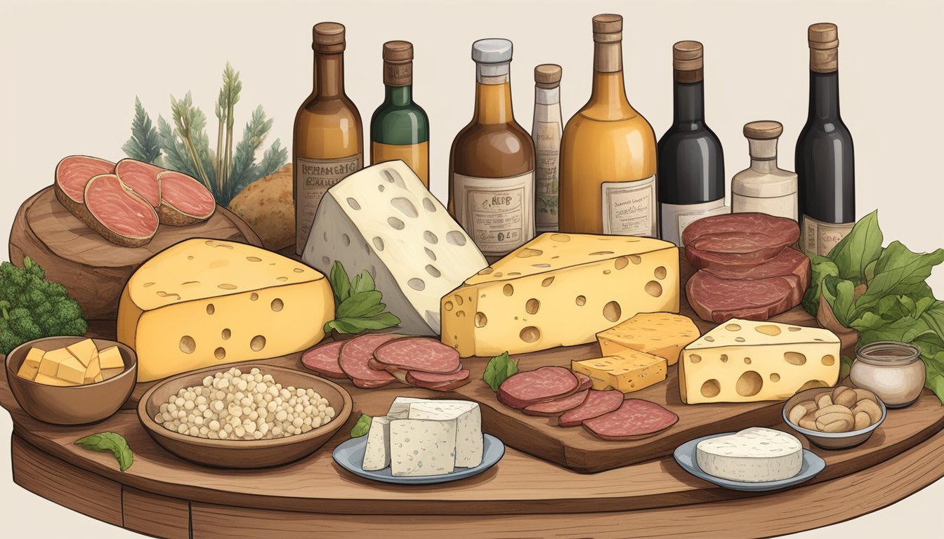 A table with various high tyramine foods such as aged cheese, cured meats, and fermented soy products, with a warning sign about maoi interactions