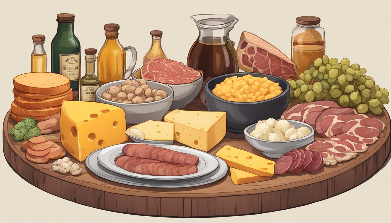 A table with various high tyramine foods such as aged cheese, cured meats, and fermented products, surrounded by caution signs