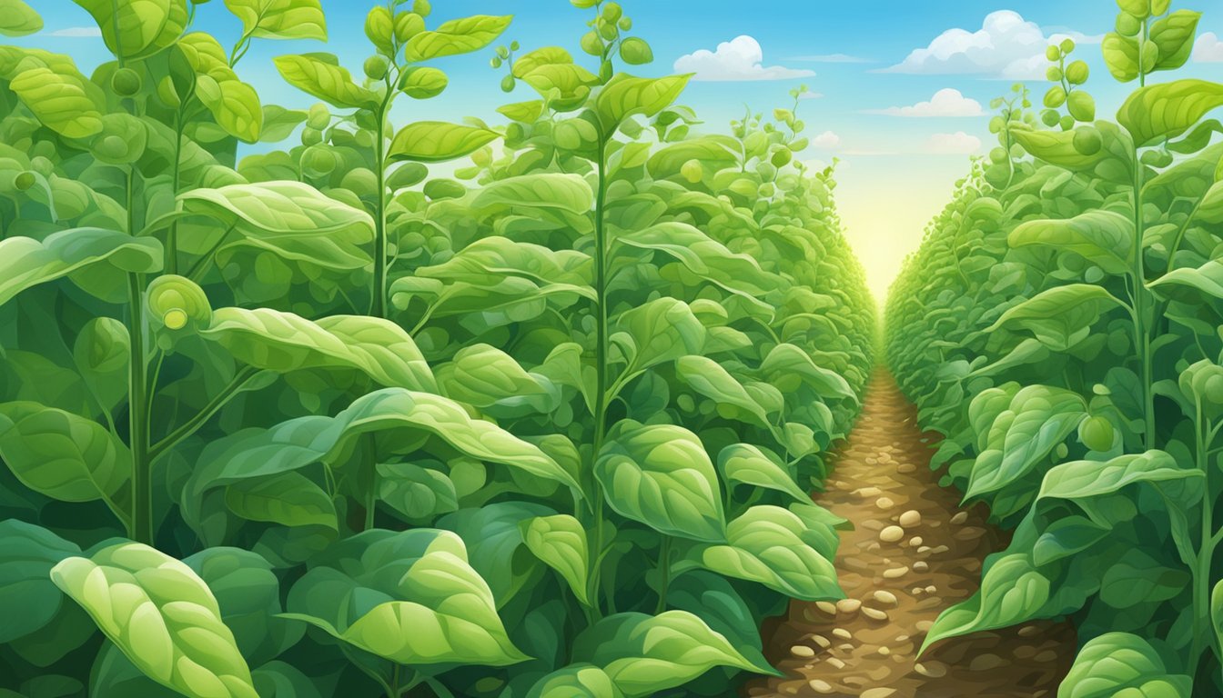 A lush green field of soybean plants, with delicate leaves and small pods, under a bright blue sky