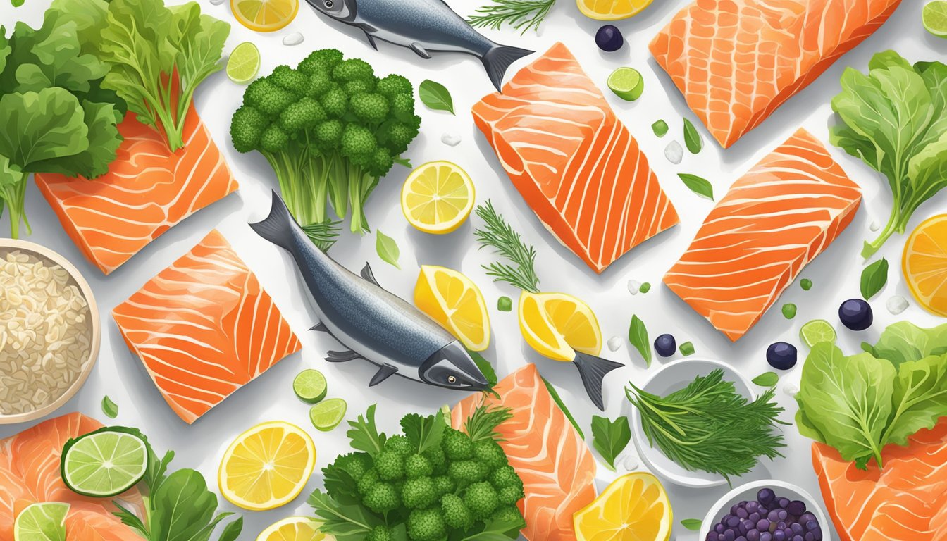 A colorful array of fresh salmon fillets, surrounded by vibrant green leafy vegetables and other omega-3 rich foods, displayed on a clean, white marble countertop