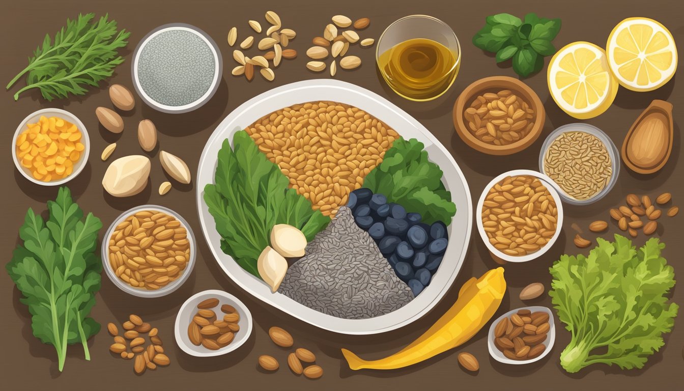 A bowl of flaxseeds surrounded by various omega 3 rich foods, such as fish, nuts, and leafy greens, arranged on a wooden table