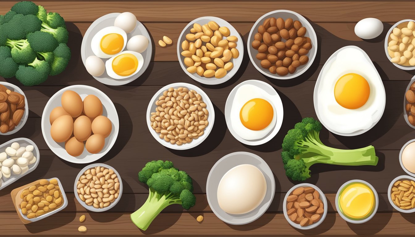 A colorful array of choline-rich foods spread out on a wooden table, including eggs, liver, broccoli, and peanuts