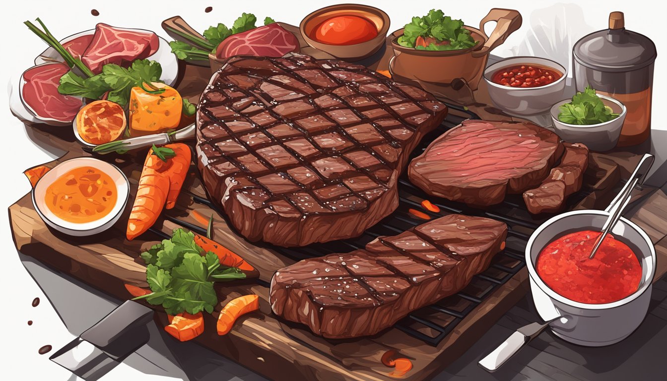 A sizzling steak on a grill, surrounded by various cuts of red meat and a blood-red meat juice dripping onto the hot coals