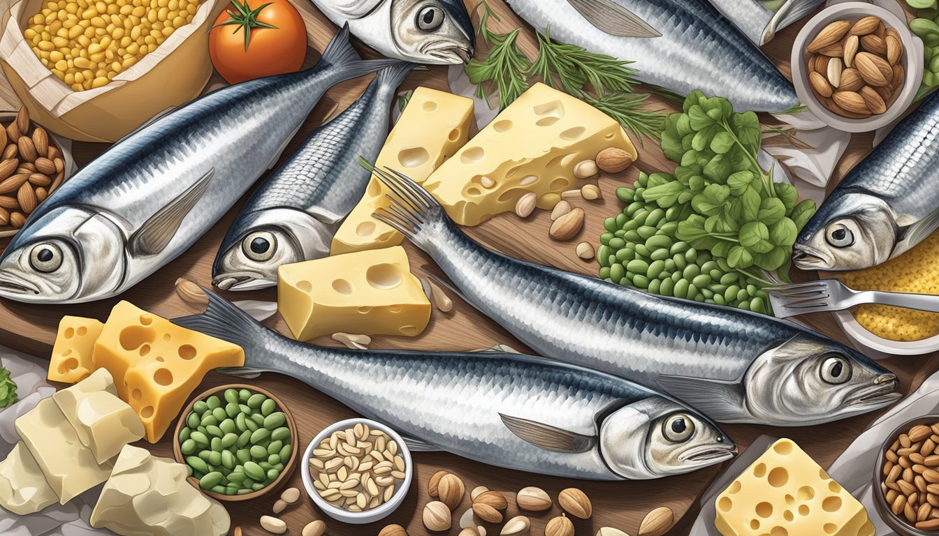 A pile of sardines surrounded by a variety of foods known to increase urea levels, such as nuts, beans, and cheese