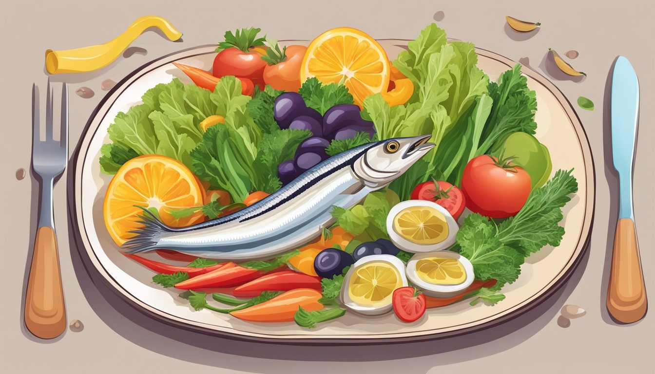 A colorful plate of anchovies, surrounded by vibrant vegetables and fruits, symbolizing a healthy and nutritious meal for pregnant women