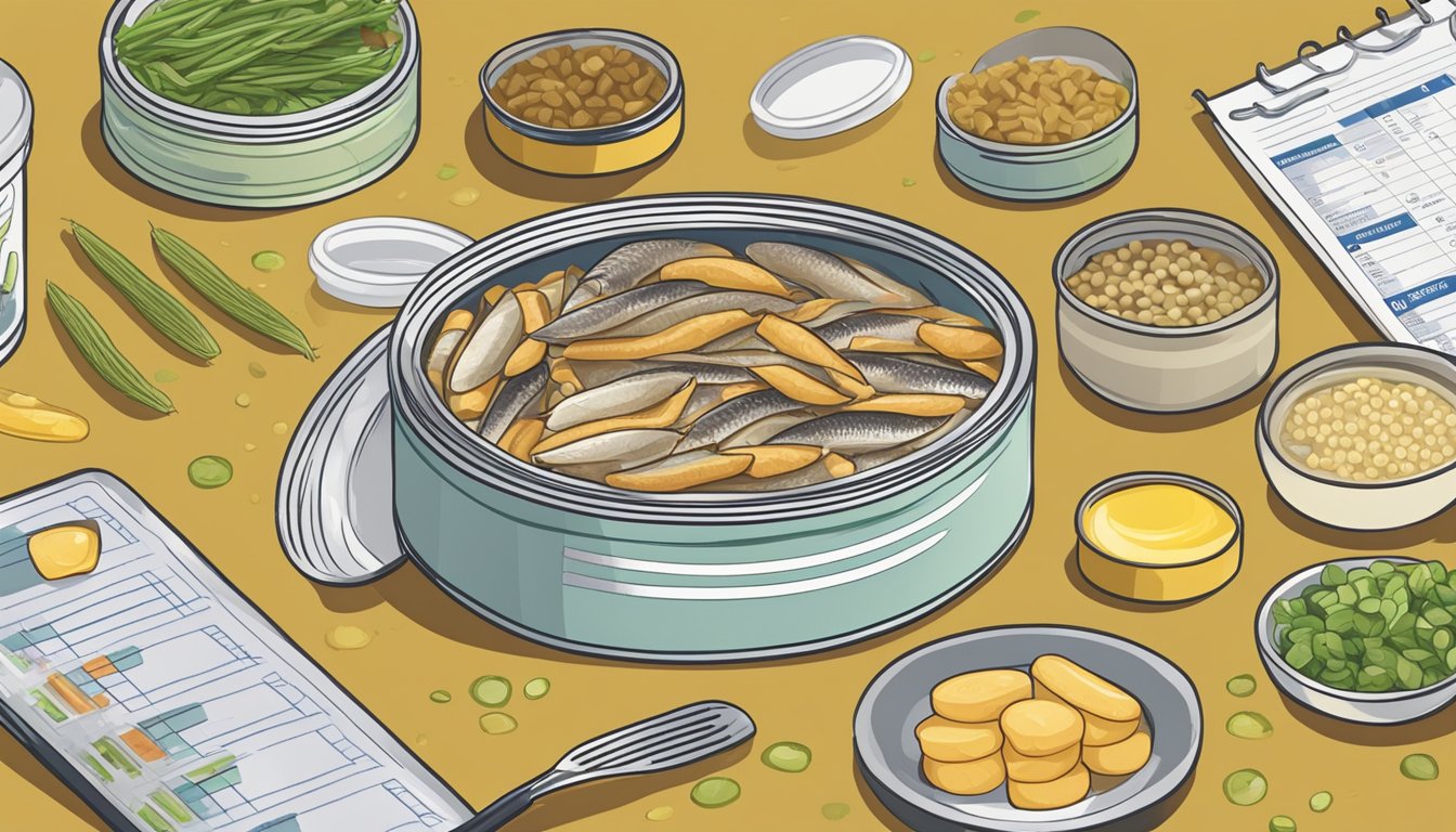 An open can of anchovies surrounded by various foods and a medical chart showing elevated urea levels