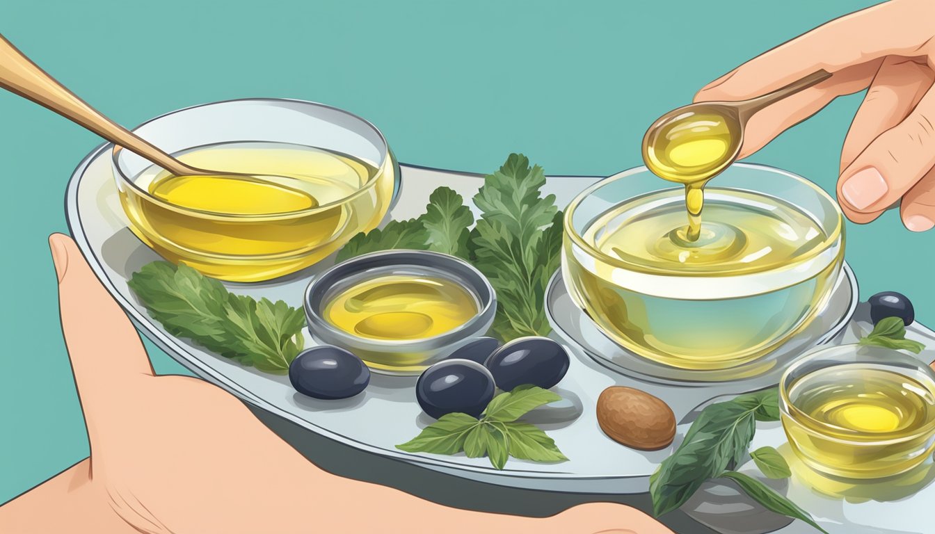 A pregnant woman's hand holding a spoonful of cod liver oil with omega 3-rich foods in the background