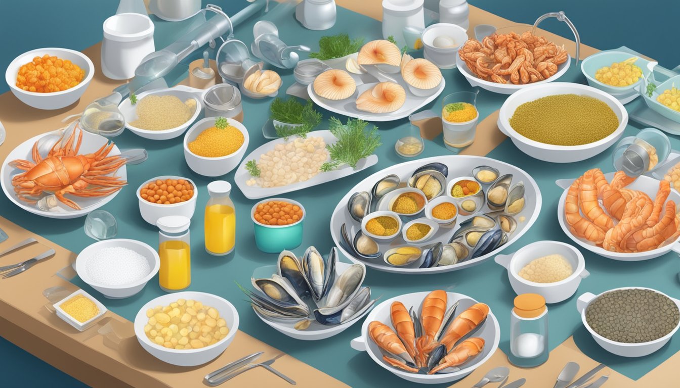 A table with an assortment of shellfish dishes surrounded by medical equipment measuring urea levels