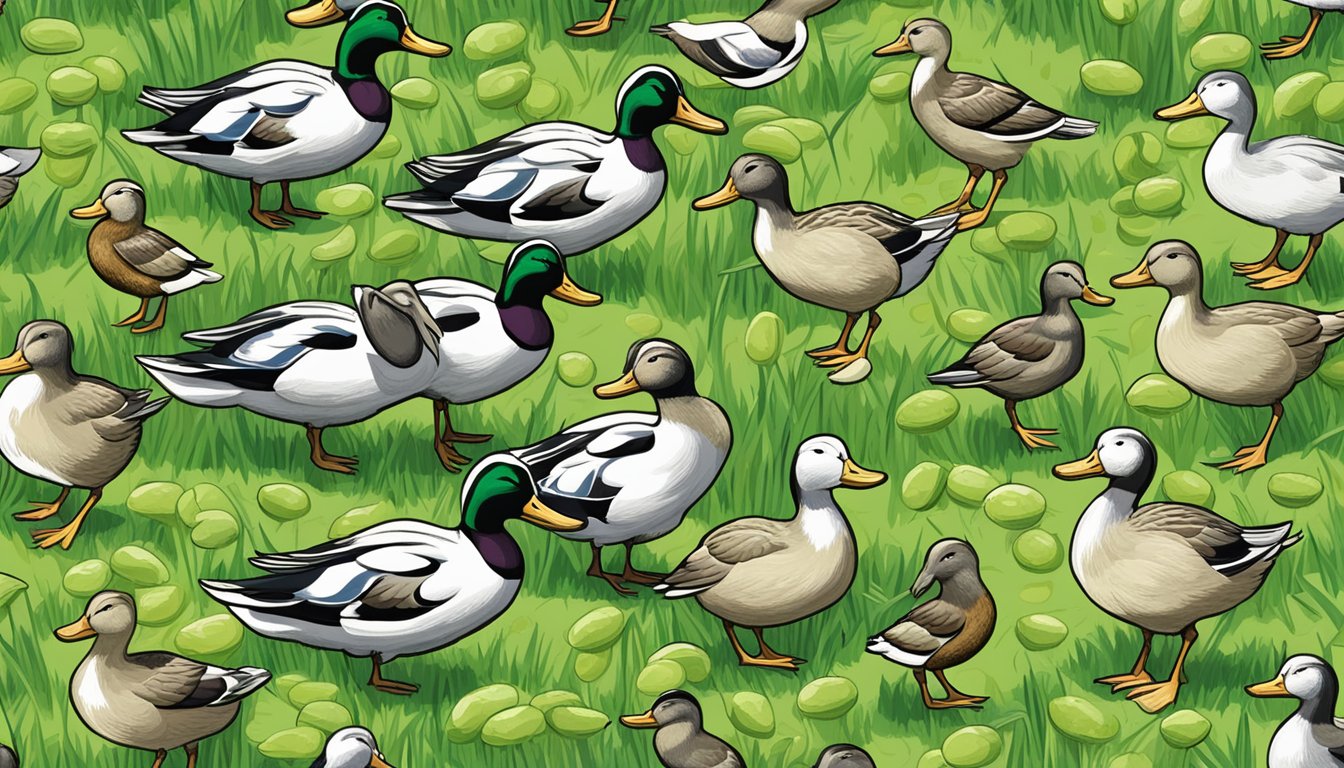 A group of ducks pecking at a pile of peas and niacin-rich foods in a grassy field