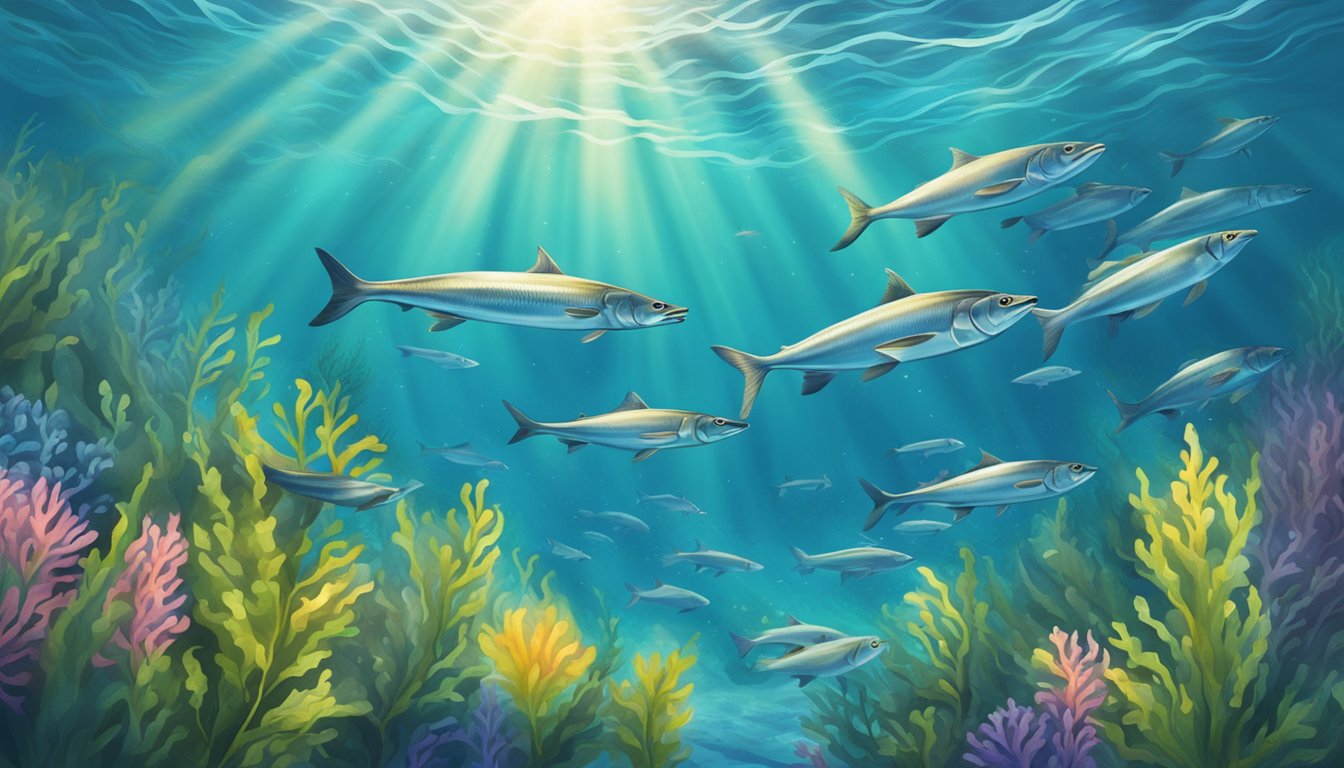 A serene ocean scene with a school of herring swimming gracefully through the water, surrounded by vibrant underwater plants and sunlight filtering through the waves