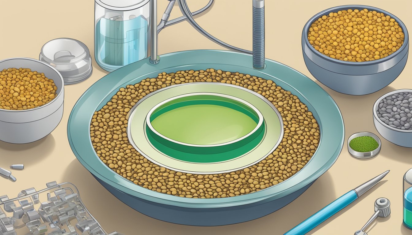 A bowl of lentils surrounded by medical equipment measuring urea levels