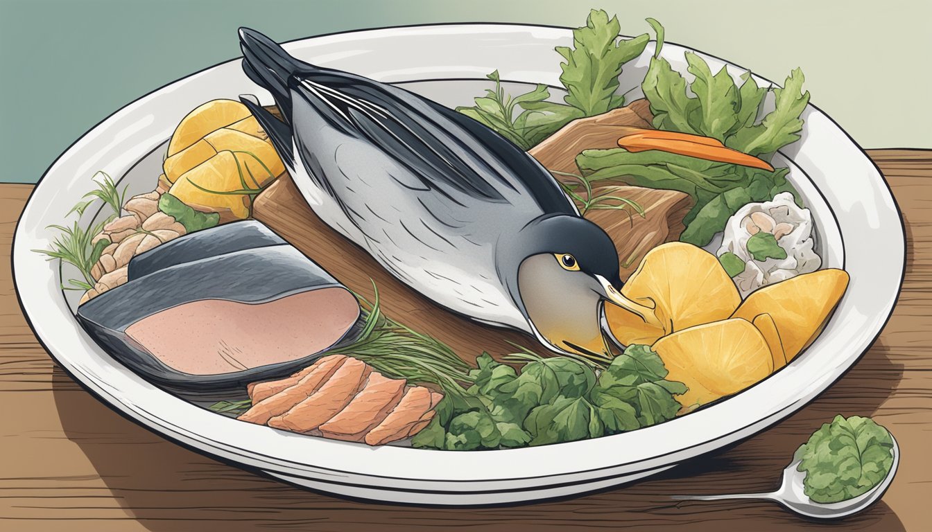 A duck eagerly eating a bowl of tuna and other niacin-rich foods