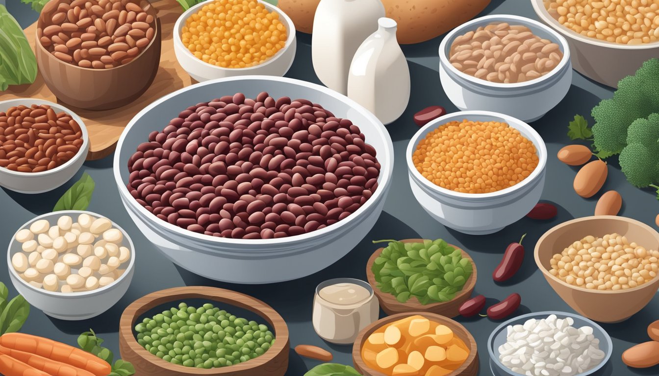 A bowl of kidney beans surrounded by other high-protein foods, such as meat and dairy products, on a kitchen counter