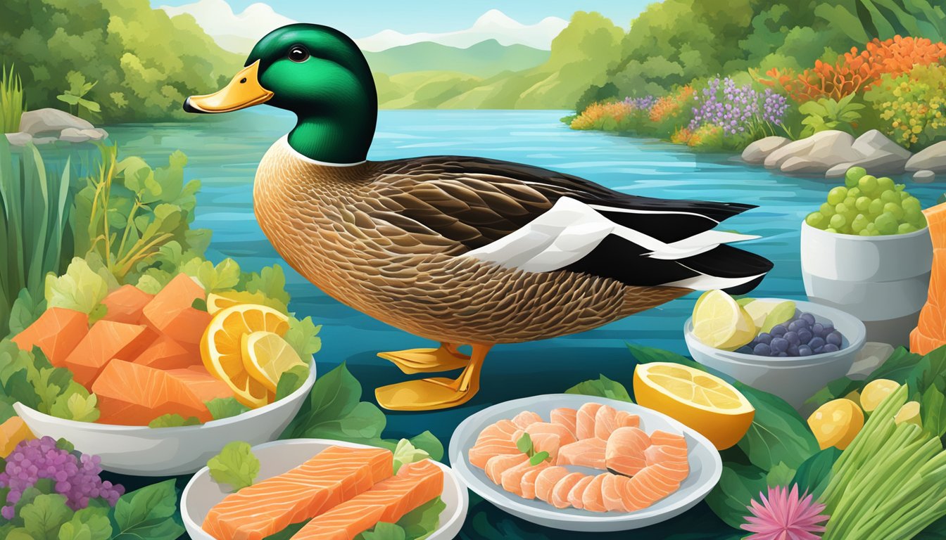 A duck surrounded by various niacin-rich foods, including salmon, in a lush and vibrant setting