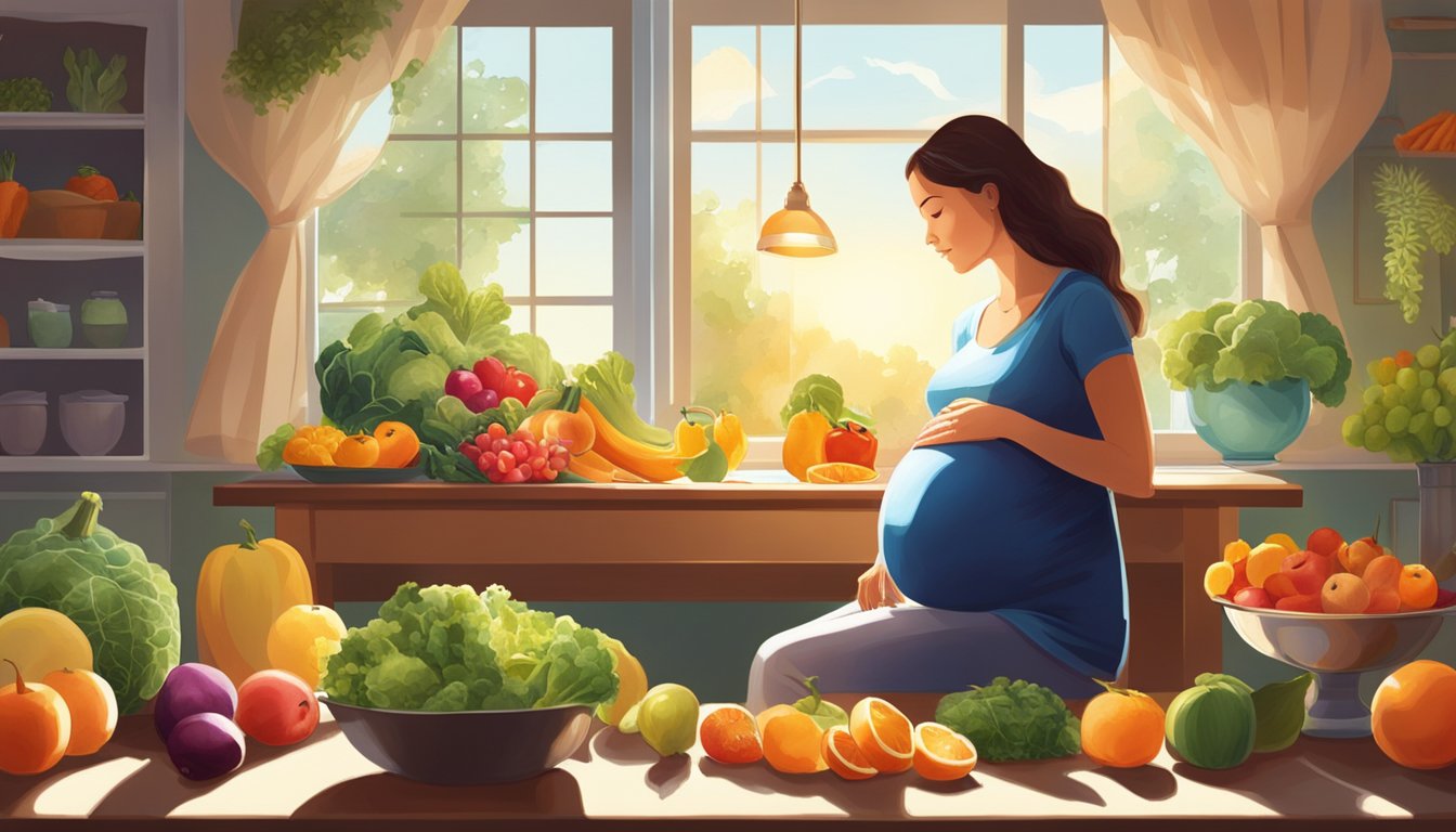 A pregnant woman sitting at a table, surrounded by colorful fruits, vegetables, and fish. The sun is shining through a window, casting a warm glow on the scene