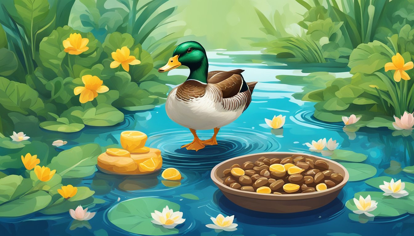 A duck eating chicken liver with niacin-rich foods, surrounded by vibrant greenery and a clear blue pond