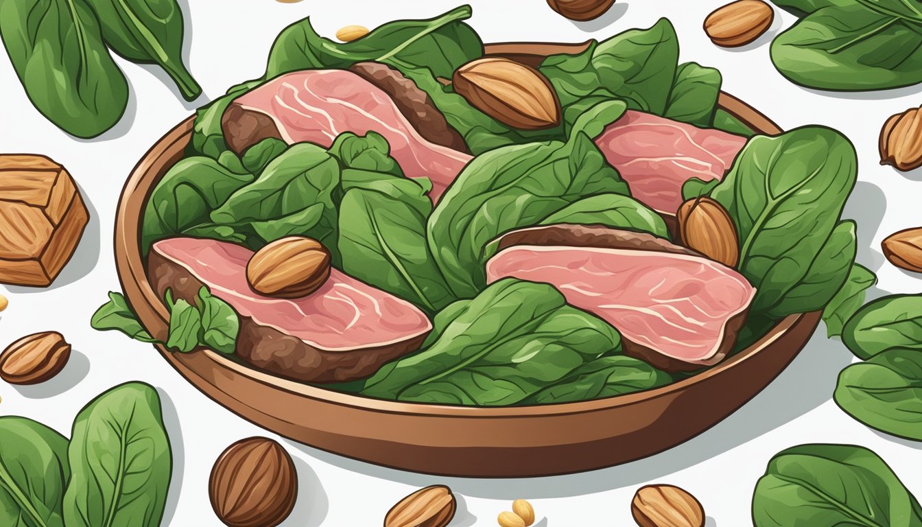 A bowl of spinach surrounded by high-protein foods like meat and nuts