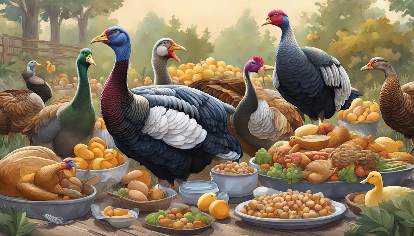 A group of turkeys and ducks gathered around a pile of niacin-rich foods, pecking and eating together in a peaceful and harmonious manner