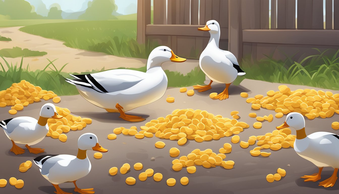 A group of ducks pecking at a variety of fortified cereals scattered on the ground, with a clear focus on the niacin-rich ingredients