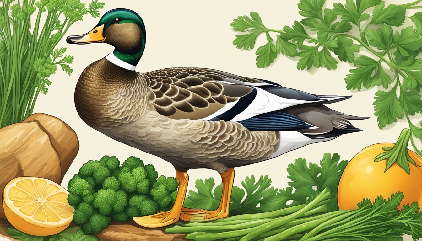 A duck surrounded by fresh parsley and niacin-rich foods