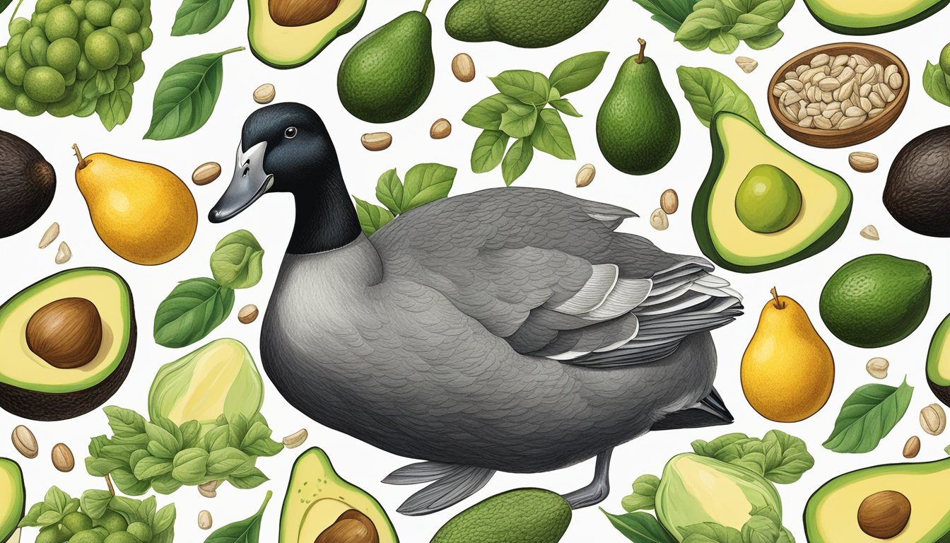 A duck surrounded by avocados and niacin-rich foods, representing essential nutrients for duck health