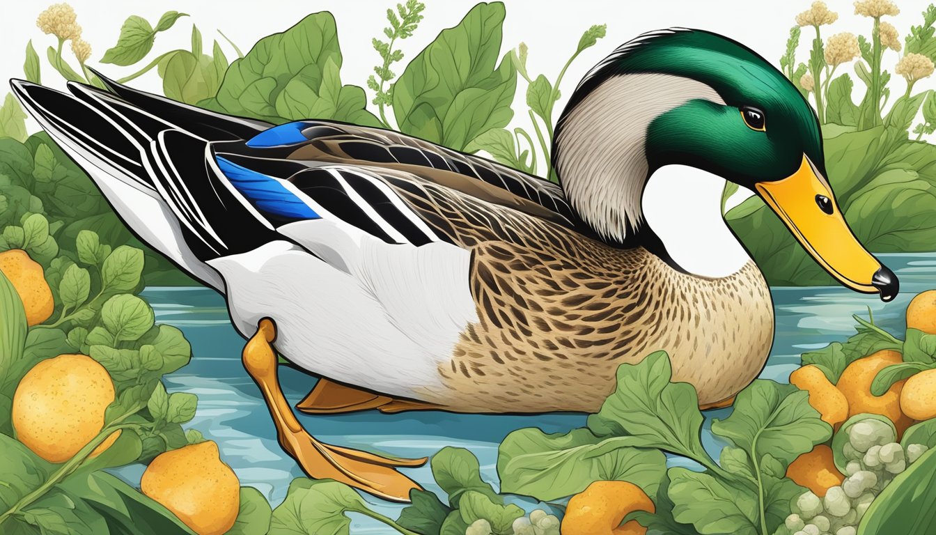 A duck eating a variety of niacin-rich foods, such as leafy greens, seeds, and insects, to maintain its health and well-being