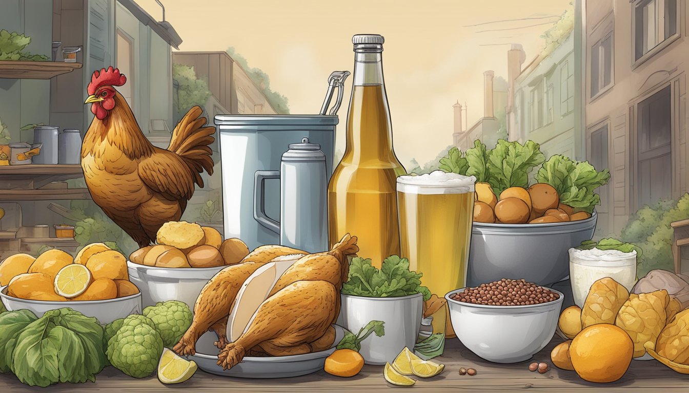 A chicken standing beside a variety of common foods and beverages with higher arsenic levels