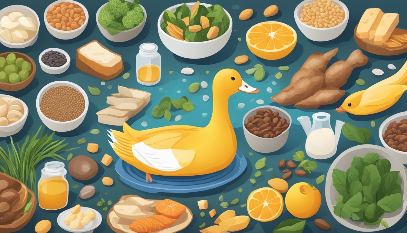 A duck surrounded by a variety of niacin-rich foods such as liver, fish, and seeds, with a clear focus on the duck's health and well-being