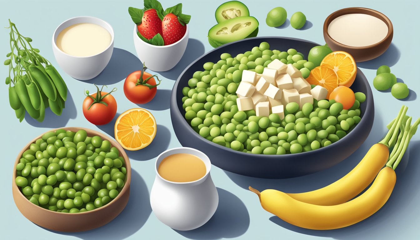 A table with a variety of soybean-based foods, such as tofu, edamame, and soy milk, surrounded by colorful fruits and vegetables