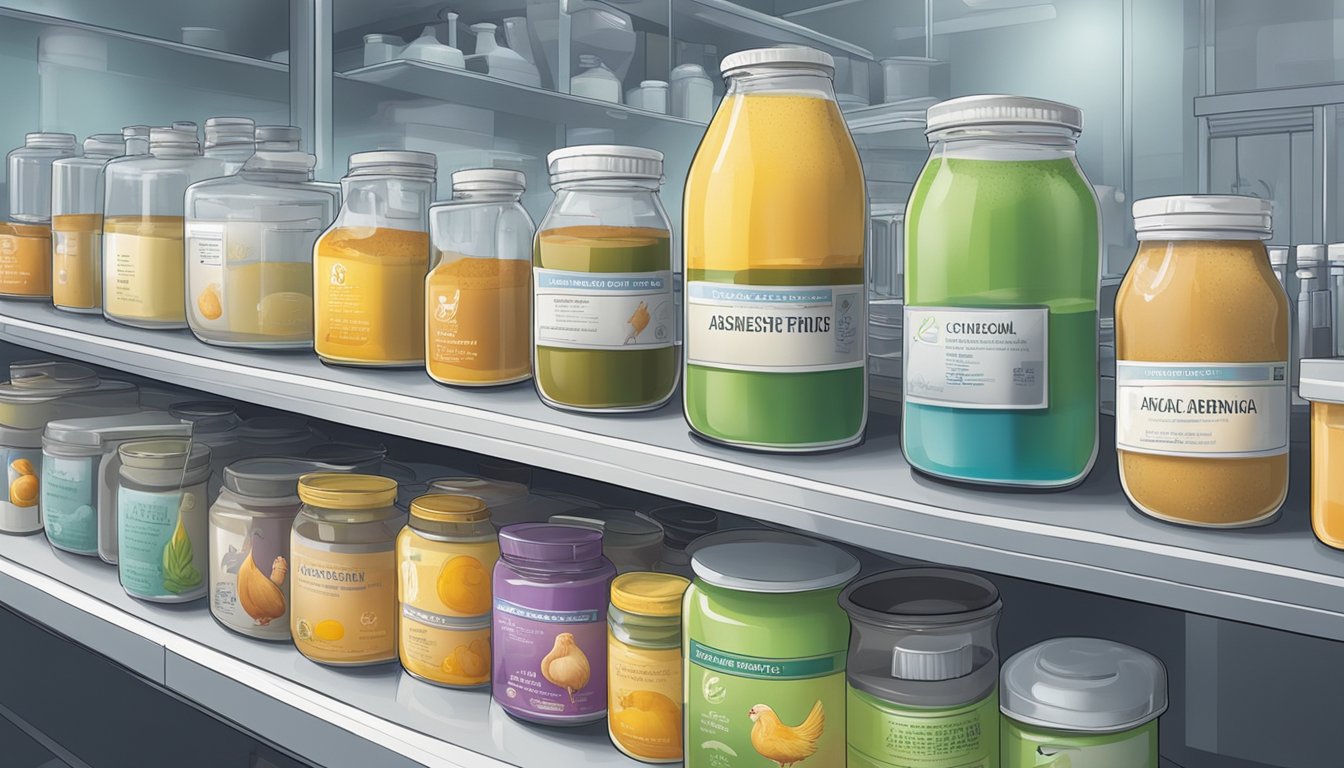 A variety of poultry-based baby foods and beverages displayed next to elevated levels of arsenic in a laboratory setting