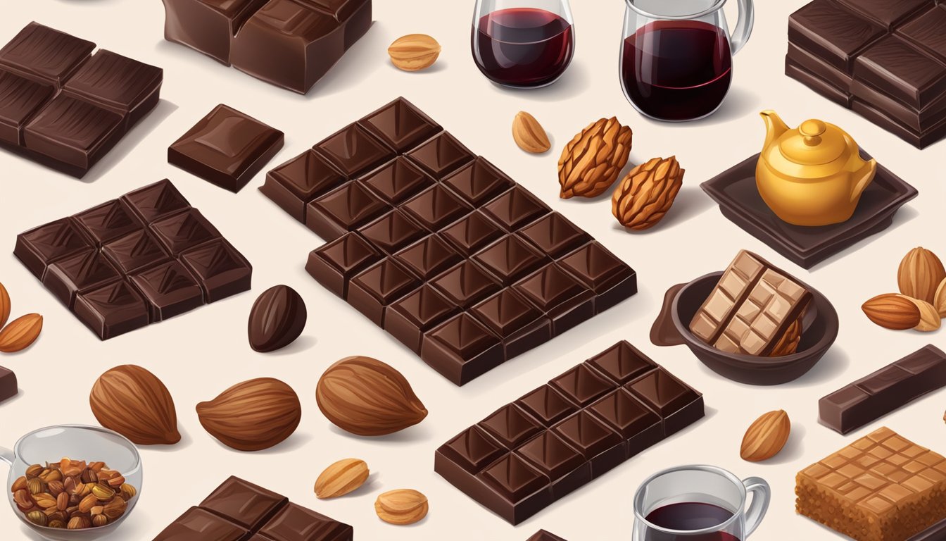 A square of dark chocolate surrounded by a variety of tannin-rich foods, such as red wine, black tea, and walnuts