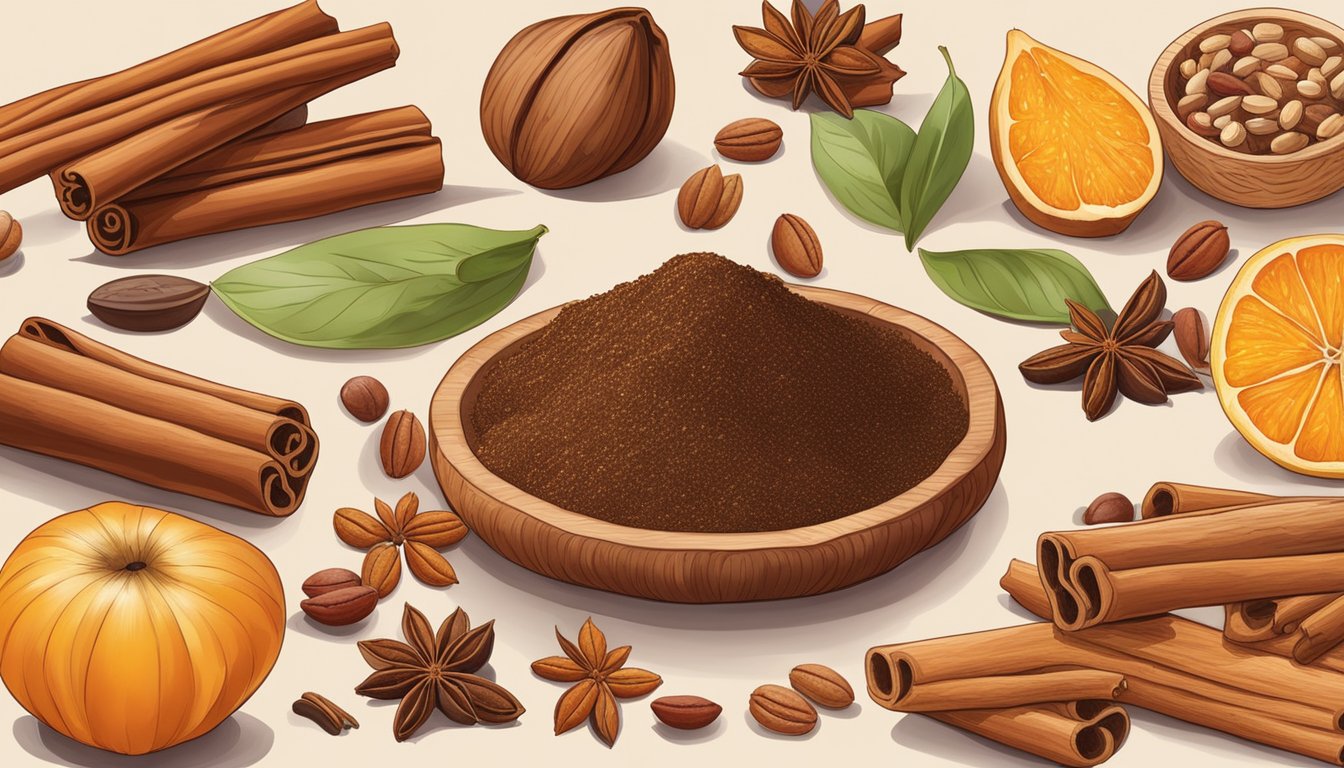 Cinnamon sampling various tannin-rich foods, surrounded by fruits, nuts, and spices