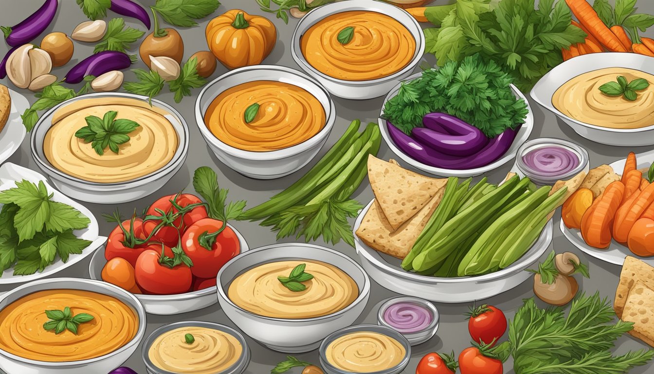 A table set with a variety of hummus dishes, surrounded by colorful vegetables and herbs