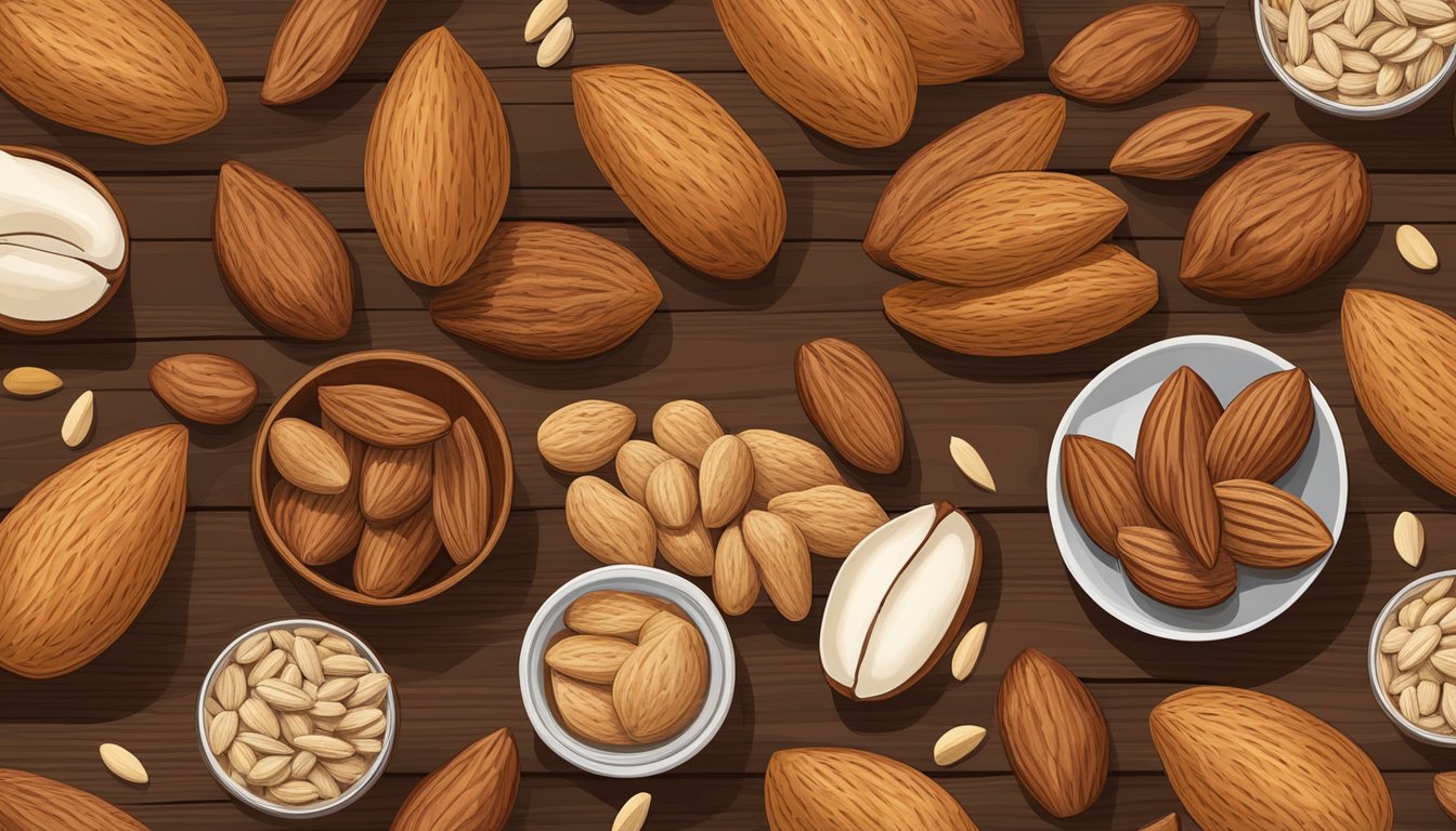 A variety of almonds and almond-based foods arranged on a wooden table