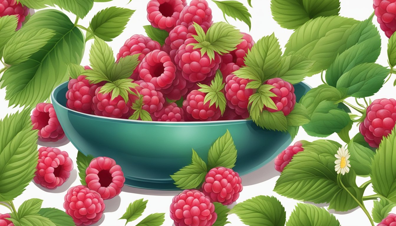 A bowl of ripe raspberries surrounded by green leaves and flowers