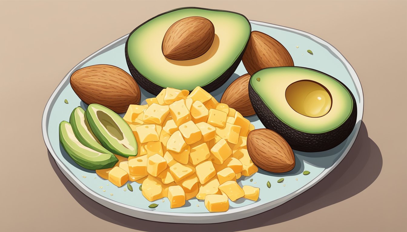 A pile of almonds surrounded by avocado, eggs, and cheese