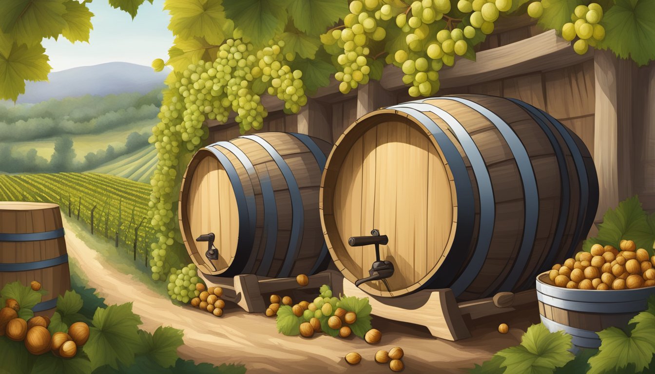 Hazelnuts foraging among wine barrels and grapevines