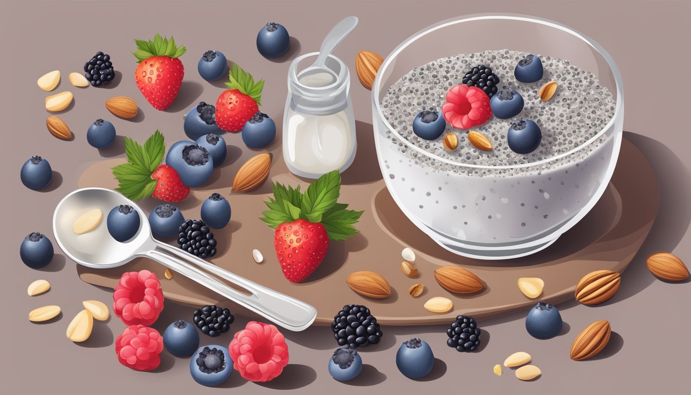 A bowl of chia seed pudding with coconut milk, topped with berries and nuts, surrounded by whole chia seeds and a measuring spoon