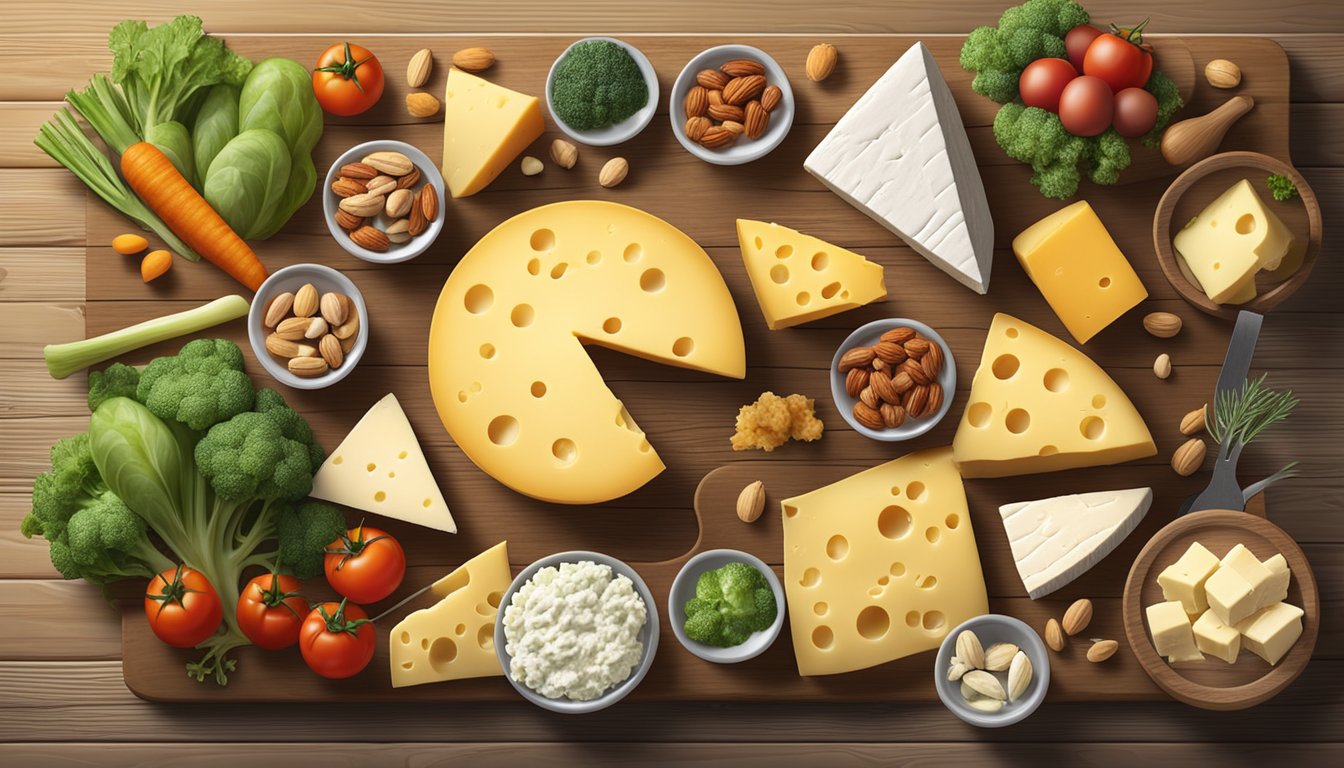 A variety of cheese wheels and blocks arranged on a rustic wooden table, surrounded by low-carb vegetables and nuts