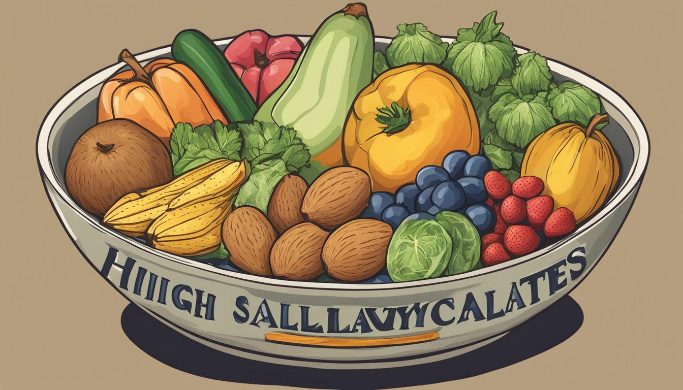 A bowl of almonds surrounded by various fruits and vegetables, with a sign indicating "high in salicylates."