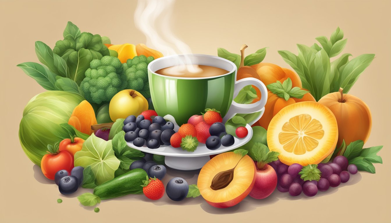 A steaming cup of coffee surrounded by fruits and vegetables high in salicylates